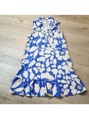 London Times Costal Blue Yellow Floral Sz 10 Sleeveless Ruffled Hem Shirt Dress